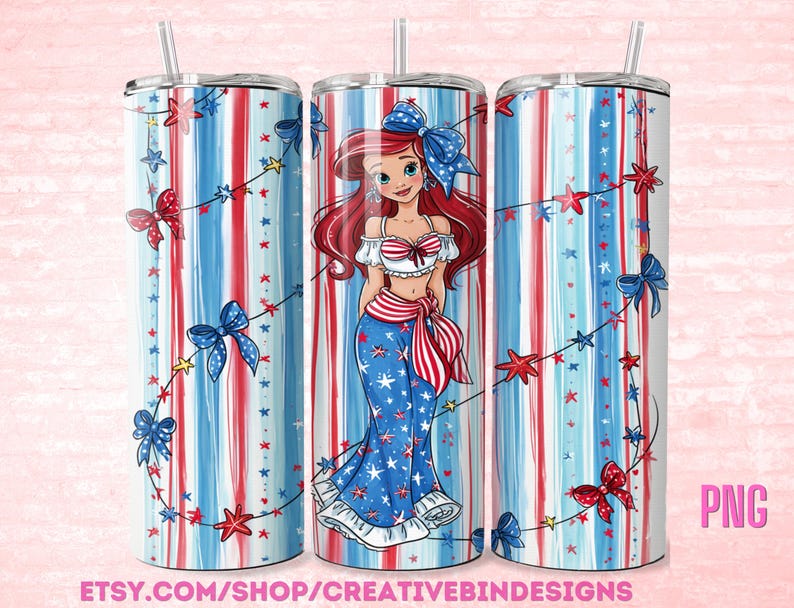 May include: A cylindrical tumbler with a straw featuring a red, white, and blue vertical striped pattern decorated with small stars and bows. The center displays a cartoon character with long red hair wearing a patriotic outfit with a large blue bow.