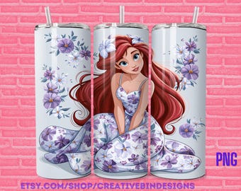 Princess Ariel Purple Floral 20oz Skinny Tumbler Template PNG, The Little Mermaid Fireworks Coffee Skinny Tumbler Wrap Design PNG