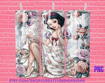 Princess Snow White Paris Roses 20oz Skinny Tumbler Template PNG, Snow white and the seven dwarves Coffee Skinny Tumbler Wrap Design PNG