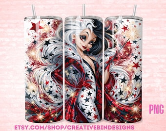 Villains Cruella 4th of July 20oz Skinny Tumbler PNG, Patriotic Tumbler, Independence Day Coffee Skinny Tumbler Wrap Design PNG