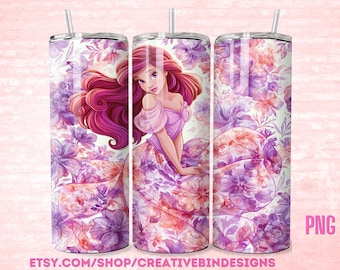 Princess Ariel Floral 20oz Skinny Tumbler Template PNG, The Little Mermaid Fireworks Coffee Skinny Tumbler Wrap Design PNG Digital Download