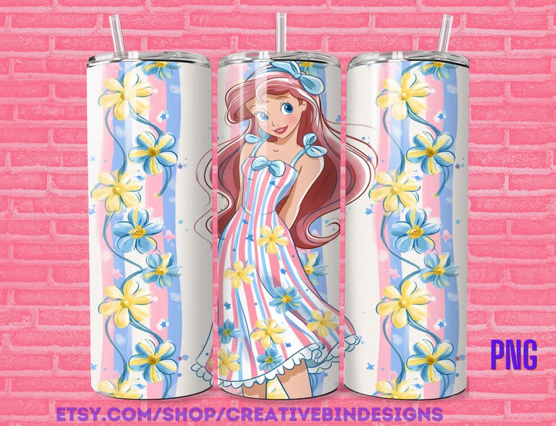May include: A cylindrical tumbler featuring a cartoon character with long red hair and a blue bow, wearing a pink and white striped dress. The design includes vertical blue stripes and a pattern of yellow and blue flowers with a clear plastic straw.
