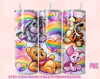 Winnie the Pooh and Friends Pride Hearts Rainbows LGBTQ 20oz Skinny Tumbler PNG, Pooh Tigger Piglet Eeyore Coffee Skinny Tumbler Wrap PNG