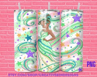 Princess Tiana Starry Sways 20oz Skinny Tumbler Template PNG, Princess and the Frog Coffee Skinny Tumbler Wrap Design PNG