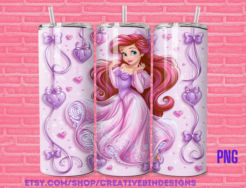 May include: A pink tumbler featuring a princess in a pink gown with long red hair. The tumbler is decorated with purple hearts, bows, and ribbons. The background is a light pink color with a brick pattern.