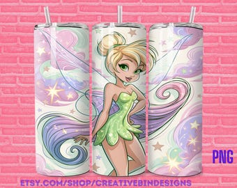 Tinkerbell Cloudy Swirls 20oz Skinny Tumbler PNG, Peterpan Coffee Skinny Tumbler Wrap PNG