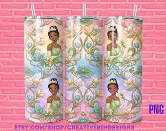 Princess Tiana Lilypads 20oz Skinny Tumbler Template PNG, Princess and the Frog Coffee Skinny Tumbler Wrap Design PNG