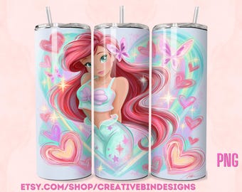 Princess Ariel Whimsy Heart 20oz Skinny Tumbler Template PNG, The Little Mermaid Fireworks Coffee Skinny Tumbler Wrap Design PNG