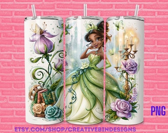 Princess Tiana Watercolor 20oz Skinny Tumbler Template PNG, Princess and the Frog Coffee Skinny Tumbler Wrap Design PNG