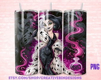 Villains Cruella Hot Pink 20oz Skinny Tumbler Template PNG, Mulan Coffee Skinny Tumbler Wrap Design PNG