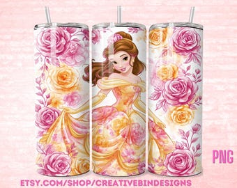 Princess Belle Red Roses 20oz Skinny Tumbler Template PNG Beauty and the Beast Coffee Skinny Tumbler Wrap Design PNG