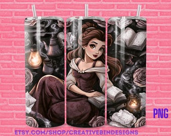 Princess Belle Vintage 20oz Skinny Tumbler Template PNG, Aladdin Coffee Skinny Tumbler Wrap Design PNG
