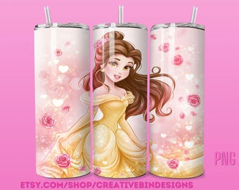 Princess Belle Sparkle Hearts and Roses 20oz Skinny Tumbler Template PNG Beauty and the Beast Coffee Skinny Tumbler Wrap Design PNG