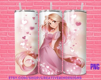 Princess Rapunzel Sparkle Roses and Hearts 20oz Skinny Tumbler Template PNG, Rapunzel Coffee Skinny Tumbler Wrap Design PNG