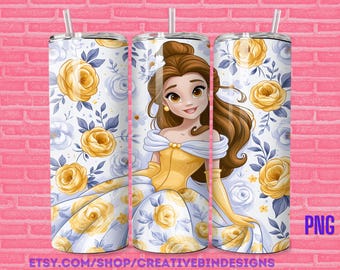 Princess Belle Blue Floral Beauty 20oz Skinny Tumbler Template PNG, Beaty and the Beast Coffee Skinny Tumbler Wrap Design PNG