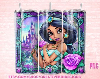 Princess Jasmine with Rose 20oz Skinny Tumbler Template PNG, Aladdin Coffee Skinny Tumbler Wrap Design PNG File Digital Download