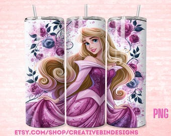 Prinzessin Aurora Floral Beauty 20 Unzen Skinny Tumbler Vorlage PNG, Dornröschen Kaffee Skinny Tumble Wrap Design PNG