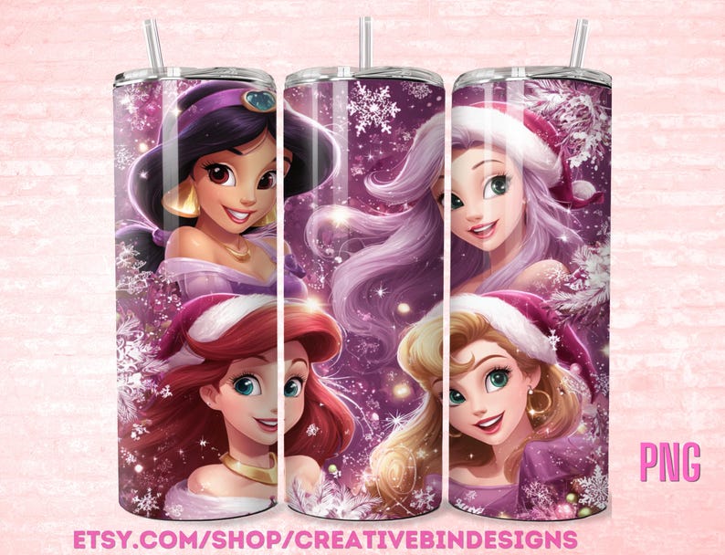 May include: A stainless steel tumbler featuring four animated princesses in Santa hats, set against a purple and snowflake background. The princesses are Jasmine, Ariel, Elsa, and Aurora. The tumbler has a straw and the text "PNG" and "ETSY.COM/SHOP/CREATIVEBINDESIGNS".