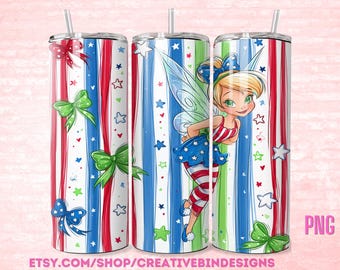 Tinkerbell Red and Blue Stripes 4th of July 20oz Skinny Tumbler PNG, Patriotic Tumbler, Independence Day Skinny Tumbler Wrap PNG