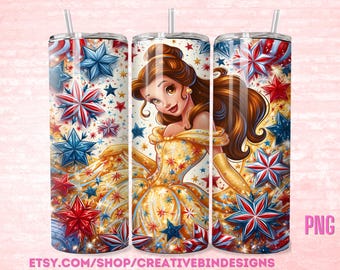 Princess Belle 4th of July 20oz Skinny Tumbler PNG, Patriotic Tumbler, Independence Day Coffee Skinny Tumbler Wrap Design PNG