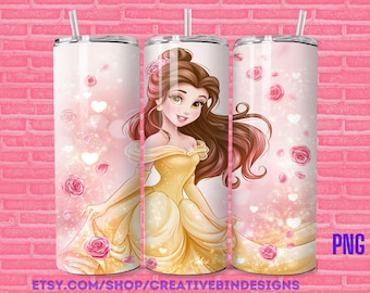 Princess Belle Sparkle Hearts and Roses 20oz Skinny Tumbler Template PNG Beauty and the Beast Coffee Skinny Tumbler Wrap Design PNG