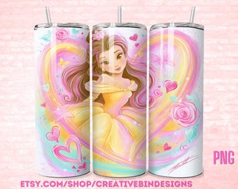 Princess Belle Whimsy Heart 20oz Skinny Tumbler Template PNG, Beauty and the Beast Coffee Skinny Tumbler Wrap Design PNG