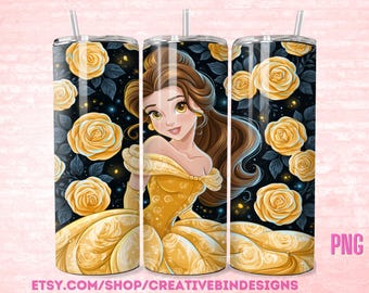 Princess Belle Golden Floral Beauty 20oz Skinny Tumbler Template PNG, Beaty and the Beast Coffee Skinny Tumbler Wrap Design PNG