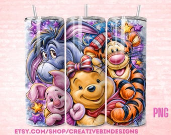 Winnie the Pooh and Friends 4th of July 20oz Skinny Tumbler PNG, Patriotic Tumbler, Independence Day Coffee Skinny Tumbler Wrap Design PNG