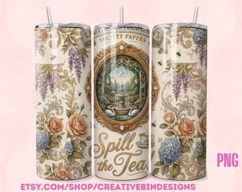 Bridgerton Floral Design Elegant Tumbler 20oz Wrap , Spill The Tea, Purple Floral Design PNG