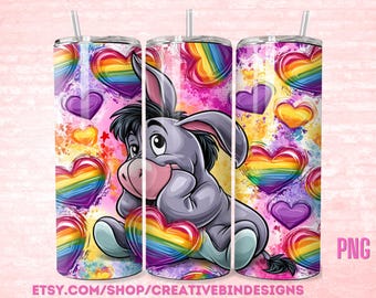 EEYORE and Friends Pride Hearts Rainbows LGBTQ 20oz Skinny Tumbler png, Pooh Tigger Piglet Eeyore Coffee Skinny Tumbler Wrap PNG