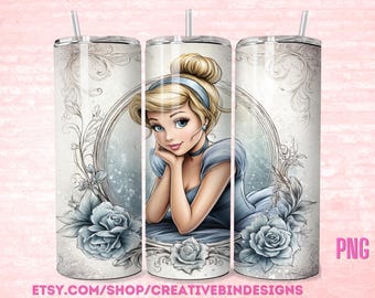 Princess Cinderella Whimsical 20oz Skinny Tumbler Template PNG, Cinderella Coffee Skinny Tumbler Wrap Design PNG