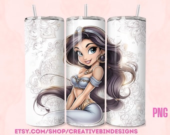 Princess Jasmine Whimsical 20oz Skinny Tumbler Template PNG, Aladdin Coffee Skinny Tumbler Wrap Design PNG