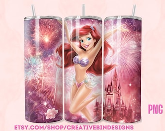 Princess Ariel 20oz Skinny Tumbler Template PNG, The Little Mermaid Fireworks Coffee Skinny Tumbler Wrap Design PNG File Digital Download