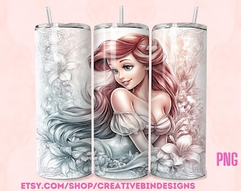Princess Ariel Whimsical Heart 20oz Skinny Tumbler Template PNG, The Little Mermaid Fireworks Coffee Skinny Tumbler Wrap Design PNG