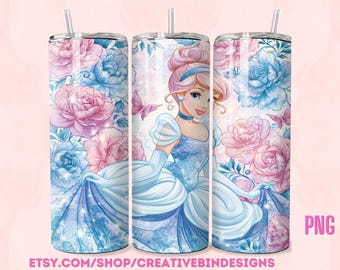 Princess Aurora Blue Rose 20oz Skinny Tumbler Template PNG, Cinderella Coffee Skinny Tumbler Wrap Design PNG File Digital Download