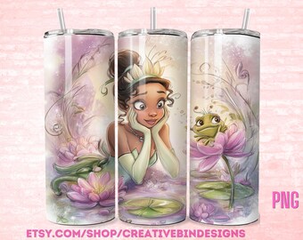 Princess Tiana Watercolor 20oz Skinny Tumbler Template PNG, Princess and the Frog Coffee Skinny Tumbler Wrap Design PNG