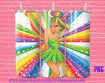 Tinkerbell Color Rainbow Rays Pride Hearts Rainbows LGBTQ 20oz Skinny Tumbler PNG, Peterpan Coffee Skinny Tumbler Wrap PNG