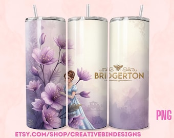 Bridgerton Floral Design Elegant Tumbler 20oz Wrap, Lady Whistledown's Society Papers, Unique Tumbler, Purple Floral Design PNG