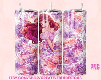 Princess Ariel Floral 20oz Skinny Tumbler Template PNG, The Little Mermaid Fireworks Coffee Skinny Tumbler Wrap Design PNG Digital Download