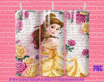 Princess Belle Written Romance Roses 20oz Skinny Tumbler Template PNG, Beauty and the Beast Coffee Skinny Tumbler Wrap Design PNG