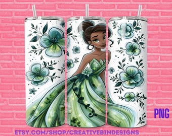Prinzessin Tiana Green Floral 20 Unzen Skinny Tumbler Vorlage PNG, Prinzessin und der Frosch Kaffee Skinny Tumble Wrap Design PNG