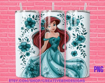 Prinzessin Ariel Green Floral 20 Unzen Skinny Tumbler Vorlage PNG, Die kleine Meerjungfrau Feuerwerk Kaffee Skinny Tumble Wrap Design PNG