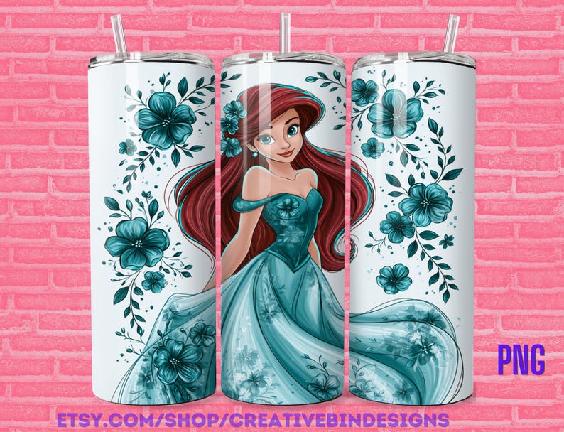 May include: White tumbler with a teal floral design and a portrait of a red-haired woman in a teal gown. The tumbler has a silver lid and a clear straw. The text "PNG" is visible on the right side.