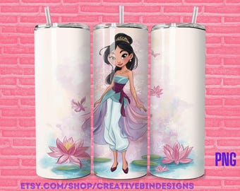 Princess Mulan Watercolor 20oz Skinny Tumbler Template PNG, Mulan Coffee Skinny Tumbler Wrap Design PNG
