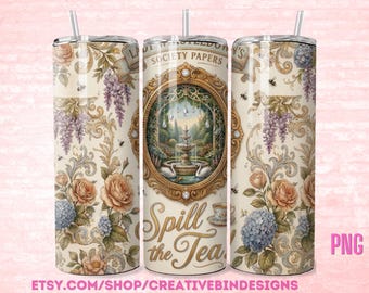 Gobelet élégant design floral Bridgerton 20 oz emballage, renverser le thé, design floral violet PNG