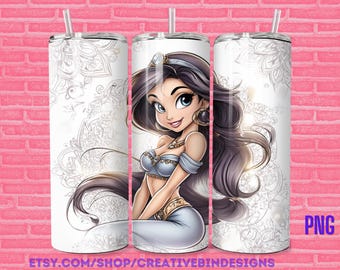 Princess Jasmine Whimsical 20oz Skinny Tumbler Template PNG, Aladdin Coffee Skinny Tumbler Wrap Design PNG