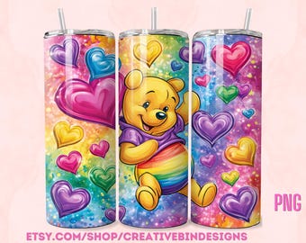 Winnie the Pooh and Friends Pride Hearts Rainbows LGBTQ 20oz Skinny Tumbler png, Pooh Tigger Piglet Eeyore Coffee Skinny Tumbler Wrap PNG