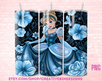 Prinzessin Cinderella Floral Beauty 20 Unzen Skinny Tumbler Vorlage PNG, Aladdin Kaffee Skinny Tumble Wrap Design PNG