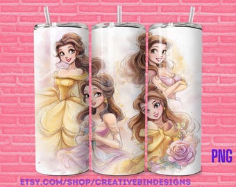 Princess Belle Yellow Watercolor 20oz Skinny Tumbler Template PNG Beauty and the Beast Coffee Skinny Tumbler Wrap Design PNG