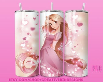 Princess Rapunzel Sparkle Roses and Hearts 20oz Skinny Tumbler Template PNG, Rapunzel Coffee Skinny Tumbler Wrap Design PNG